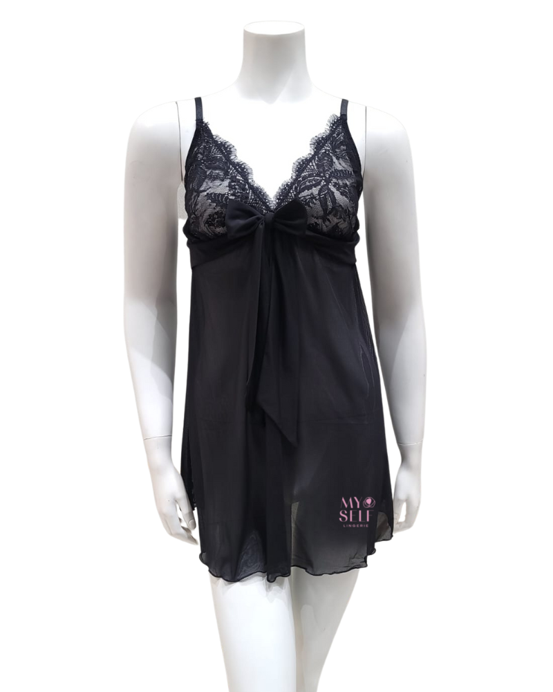 Samantha Chang SC4413123 Black with Black Mesh Illusion Chemise myselflingerie.com