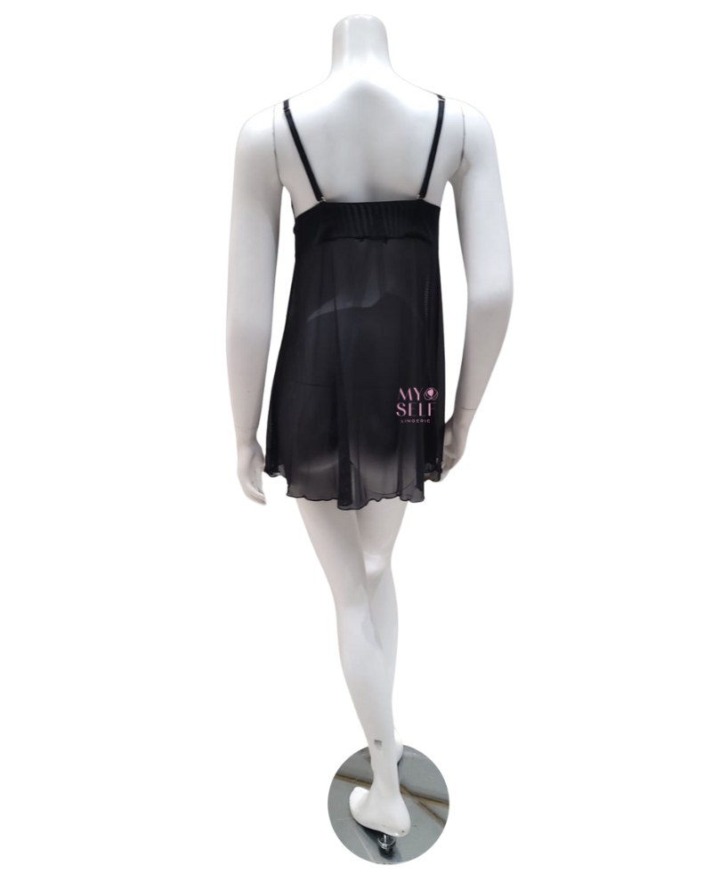 Samantha Chang SC4413123 Black with Black Mesh Illusion Chemise myselflingerie.com