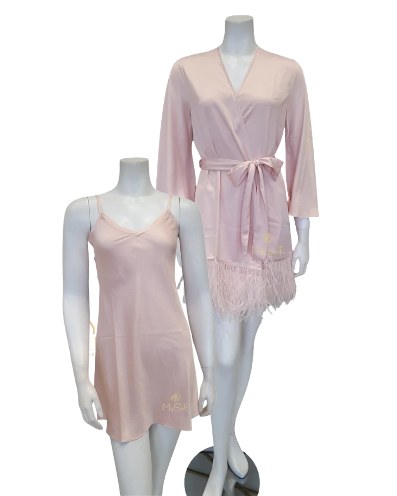 Rya Collection 195 + 394 Pink Petal Heavenly Chemise & Feathers Satin Kimono Wrap myselflingerie.com