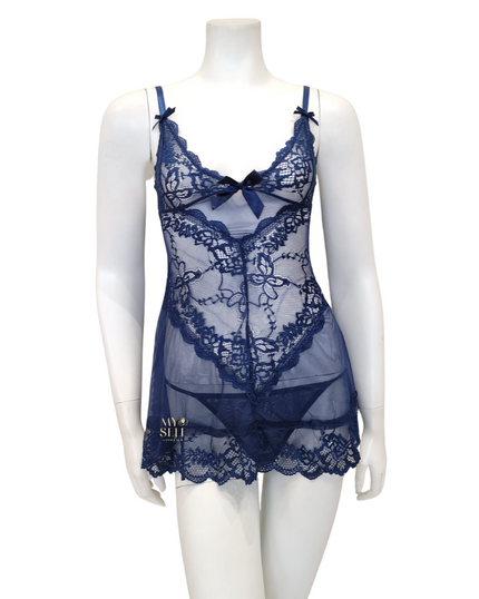 Oh La La Cheri 2139 Estate Blue Lacey Babydoll with Bows & G-String myselflingerie.com