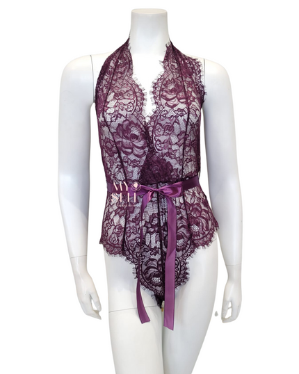 Oh La La Cheri 52-11025 Potent Purple Eyelash Lace Halter Teddy with Ties myselflingerie.com