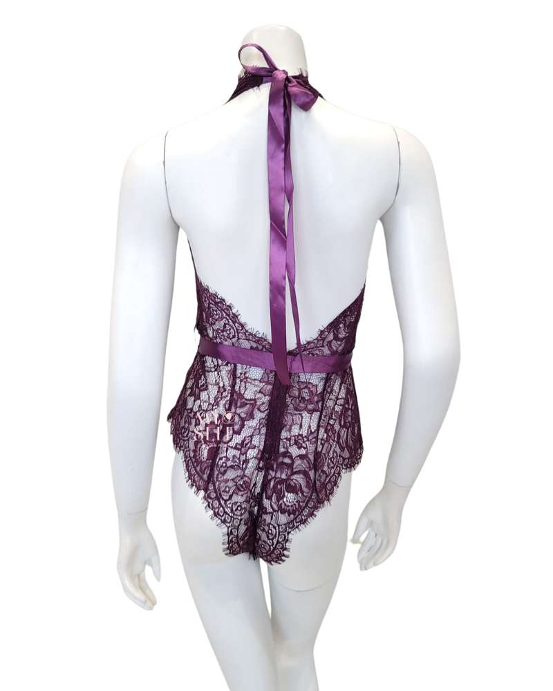 Oh La La Cheri 52-11025 Potent Purple Eyelash Lace Halter Teddy with Ties myselflingerie.com
