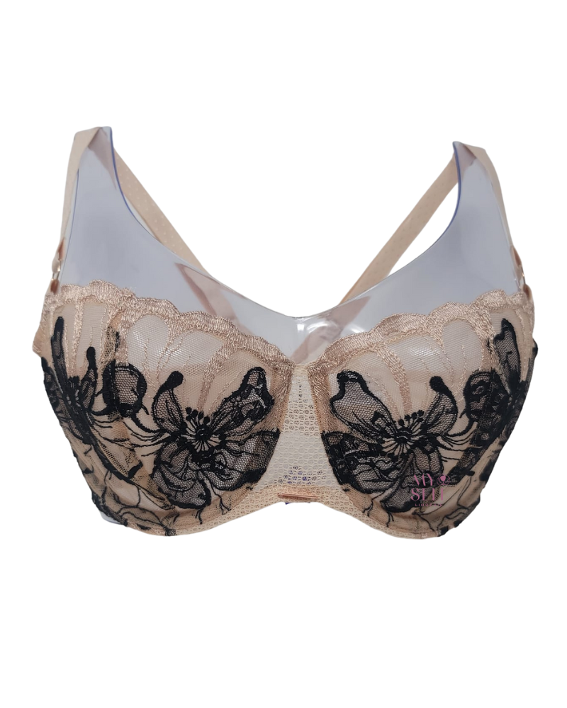 Chantelle 12Q5 Golden Beige/Black Fleurs Demi Underwire Bra myselflingerie.com