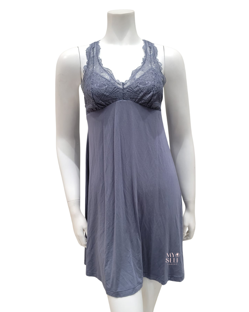 Fleur't 630 French Grey Lace T-Back Short Modal Chemise myselflingerie.com