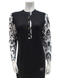 Chicolli FW23N14A Black & White Floral Damask Button Down Modal Nightgown myselflingerie.com