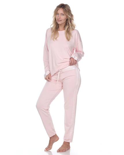 PJ Harlow ROSIE + BLYTHE Blush Long Sleeve Satin Waistband Pajamas Set myselflingerie.com