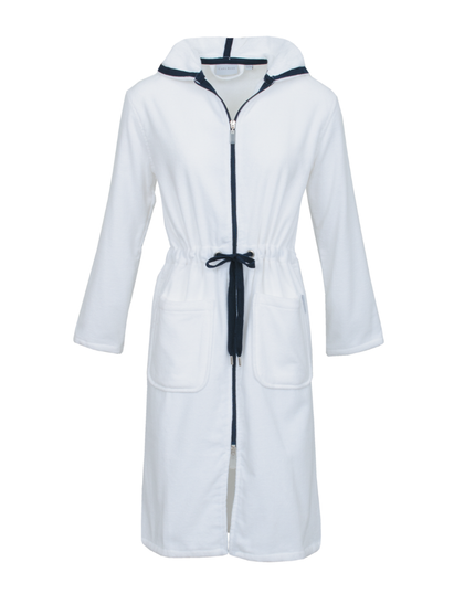 Carl Ross 36410 White/ Night Blue Trimmed Zippered Extra Long Bathrobe myselflingerie.com