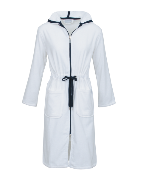 Carl Ross 36410 White/ Night Blue Trimmed Zippered Extra Long Bathrobe myselflingerie.com