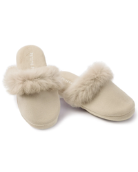 Petite Plume WFTSN Beige Fur Trim Slippers myselflingerie.com