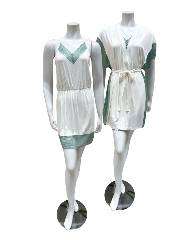 Oh! Zuza 4210+4212 Ivory and Sea Green Laced Edge Modal Chemise & Wrap Set myselflingerie.com