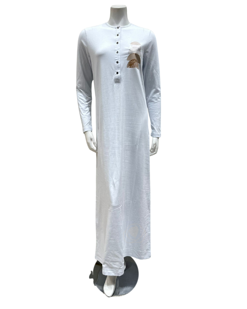 AK826 Dome Screen Print Snap Front White Cotton Nightgown