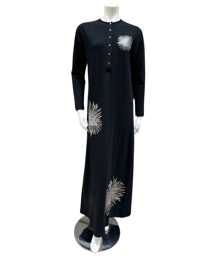 Nico Italy AK812 Starburst Screen Print Snap Front Black Cotton Nightgown myselflingerie.com
