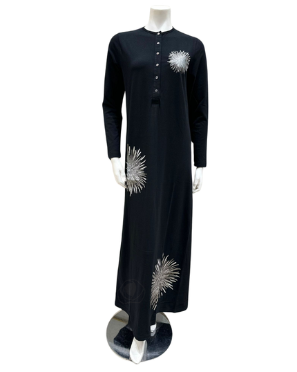 Nico Italy AK812 Starburst Screen Print Snap Front Black Cotton Nightgown myselflingerie.com